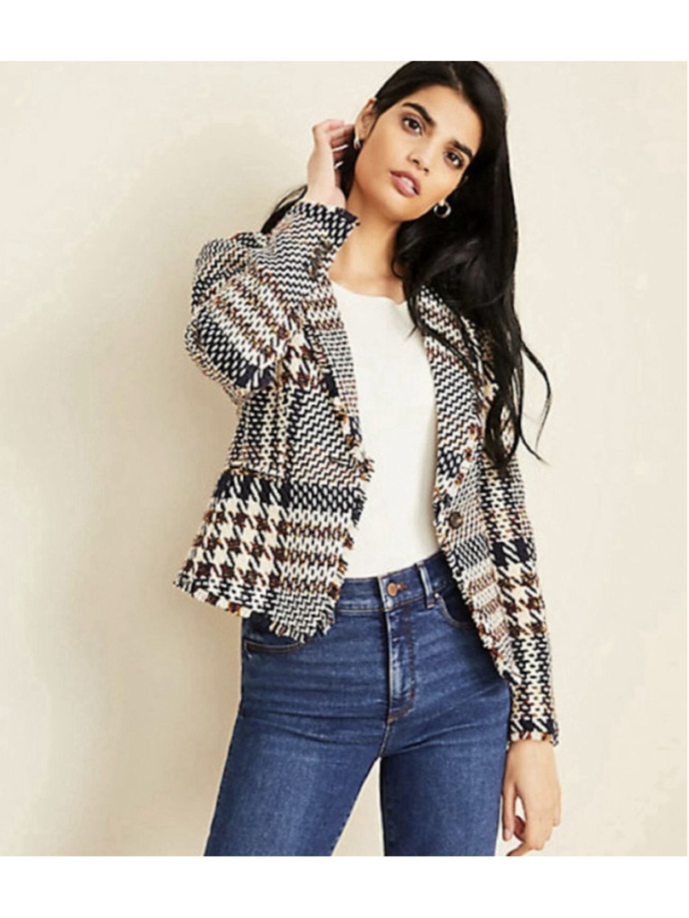 ANN TAYLOR Plaid Shawl Collar Jacket Tweed Fringe Thick Knit Size 16